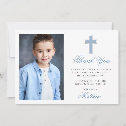 Erste Heilige Kommunion Foto Light Blue Dankeskarte (Vorderseite)
