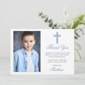 Erste Heilige Kommunion Foto Light Blue Dankeskarte (Stehend Vorderseite)