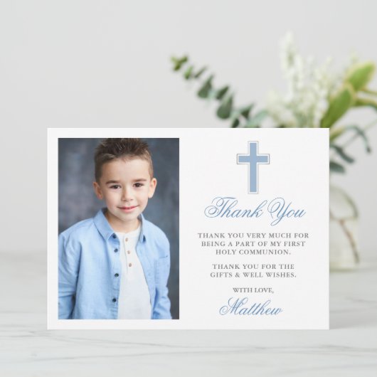 Erste Heilige Kommunion Foto Light Blue Dankeskarte (Stehend Vorderseite)