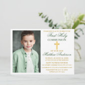 Erste Heilige Kommunion Foto Smaragd Grün und Gold Einladung (Stehend Vorderseite)