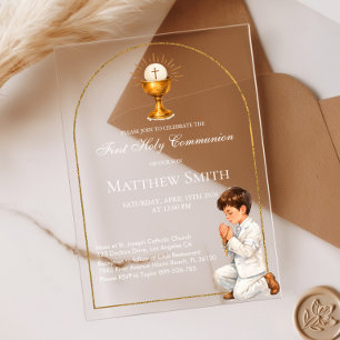 Erste heilige Kommunion für Jungen Gold Boho Bogen Acryleinladungen