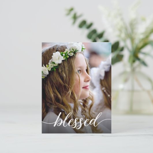 Erste heilige Kommunion Gesegnetes Script Custom F Postkarte (Stehend Vorderseite)