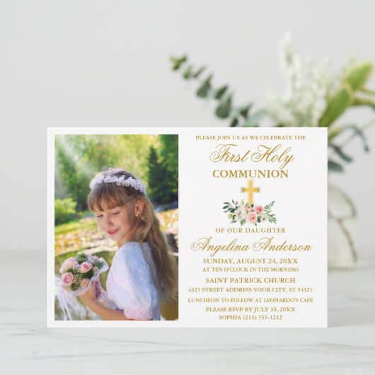 Erste heilige Kommunion Gold Aquarellfarbe Rosa Bl Einladung (Stehend Vorderseite)