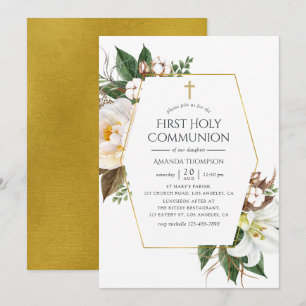 Erste Heilige Kommunion Gold Blumen Geometrisch Einladung