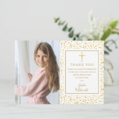 Erste Heilige Kommunion Gold Hearts Confetti Foto Dankeskarte (Stehend Vorderseite)