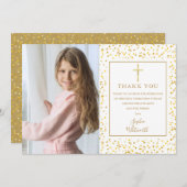 Erste Heilige Kommunion Gold Hearts Confetti Foto Dankeskarte (Vorne/Hinten)