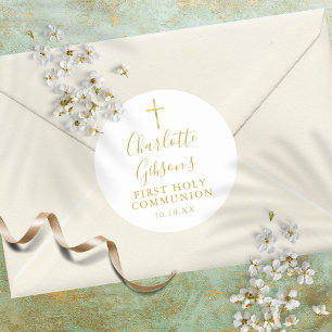 Erste heilige Kommunion Goldene Signatur Gold Kreu Runder Aufkleber