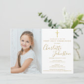 Erste Heilige Kommunion Goldenes Skript-Foto Einladung (Stehend Vorderseite)