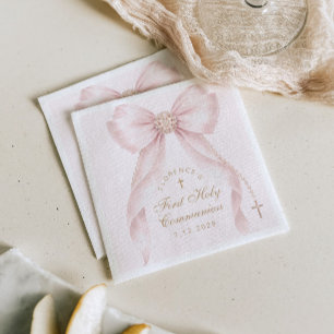 Erste heilige Kommunion Goldkreuz rosa Schleife Serviette