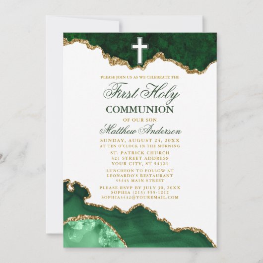 Erste heilige Kommunion Green Gold Marble Geode Einladung (Vorderseite)