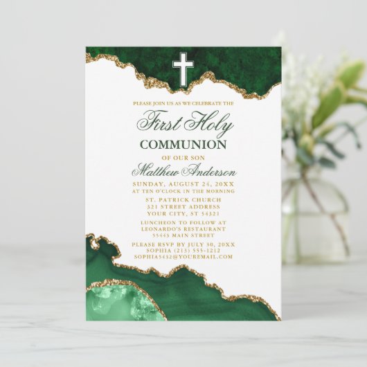 Erste heilige Kommunion Green Gold Marble Geode Einladung (Stehend Vorderseite)