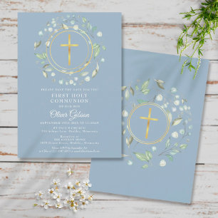 Erste heilige Kommunion Grün Gold Kreuz Blau Save The Date