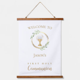 Erste Heilige Kommunion grüne Blätter Wandteppich Mit Holzrahmen