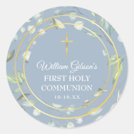 Erste Heilige Kommunion Grüne Gold Cross Blau Runder Aufkleber