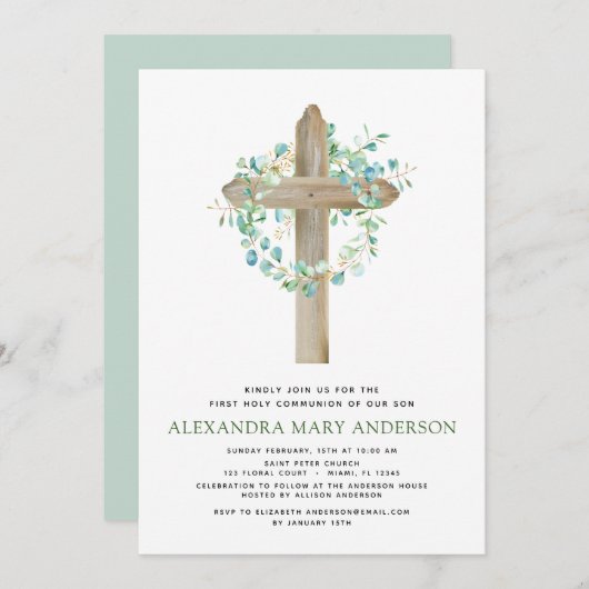Erste Heilige Kommunion Grüne Sage Eukalyptus Einladung (Vorne/Hinten)