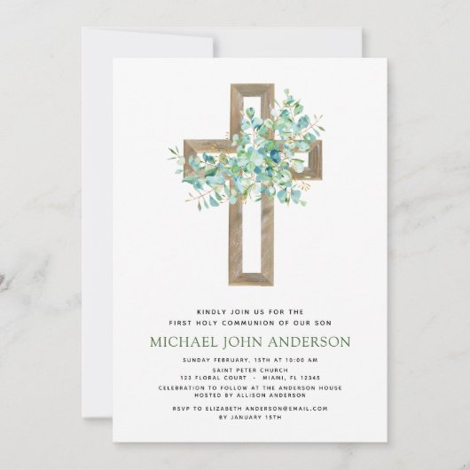 Erste Heilige Kommunion Grüne Sage Eukalyptus Invi Einladung (Vorderseite)