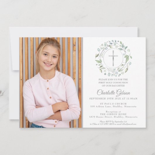 Erste Heilige Kommunion Grüne Silberkreuz Foto Einladung (Vorderseite)