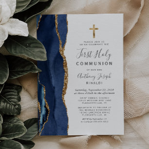 Erste Heilige Kommunion in Navy Blau Achat Gold Gl Einladung