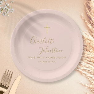 Erste heilige Kommunion in Rosa und Gold Schrift Pappteller