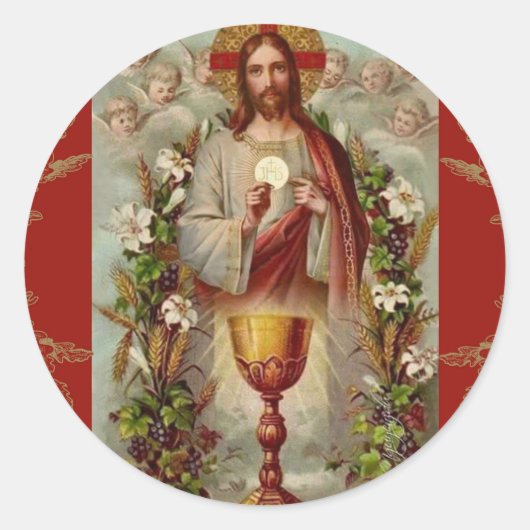Erste Heilige Kommunion Jesus Chalice Blume Runder Aufkleber (Vorderseite)