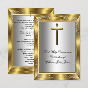 Erste heilige Kommunion Junge Silber Gold Kreuz 2 Einladung