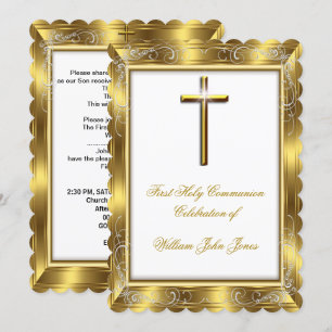 Erste heilige Kommunion Junge Weiße Goldkreuz 3 Einladung