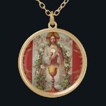 Erste Heilige Kommunion Katholische Jesus Engel Vergoldete Kette<br><div class="desc">Dies ist ein wunderschönes,  traditionelles katholisches Bild von Jesus,  das dem Gastgeber die Kalice,  Blume und einen roten Hintergrund bietet.</div>