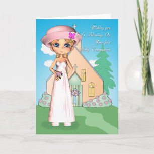 erste heilige Kommunion kleine Mädchen und Kirche Karte