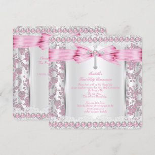 Erste heilige Kommunion Kreuz Damast Rosa Silber Einladung