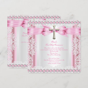 Erste heilige Kommunion Kreuz Mädchen Hübsch Rosa  Einladung