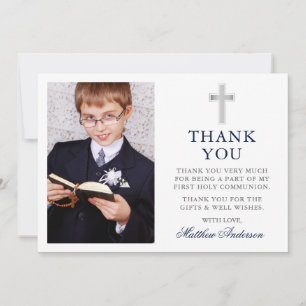 Erste heilige Kommunion Kreuz Navy Blau Foto Dankeskarte