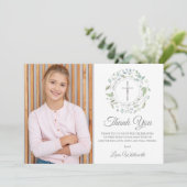 Erste Heilige Kommunion Laurel Garland Foto Dankeskarte (Stehend Vorderseite)