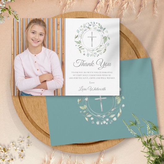 Erste Heilige Kommunion Laurel Garland Foto Dankeskarte