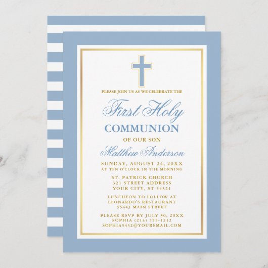 Erste heilige Kommunion Light Blue Gold Streifen Einladung (Vorne/Hinten)