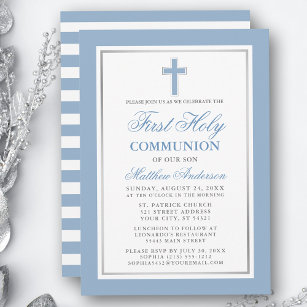 Erste heilige Kommunion Light Blue Silver Streifen Einladung