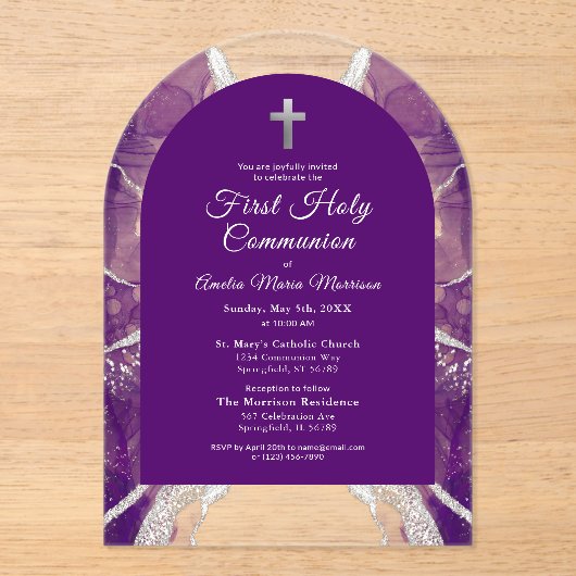 Erste Heilige Kommunion Lila Silver Agate Elegant Acryleinladungen (Vorderseite)