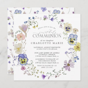 Erste Heilige Kommunion Lilac & Blue Floral Girl Einladung