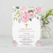 Erste heilige Kommunion Mädchen florale Aquarellfa Einladung (Stehend Vorderseite)