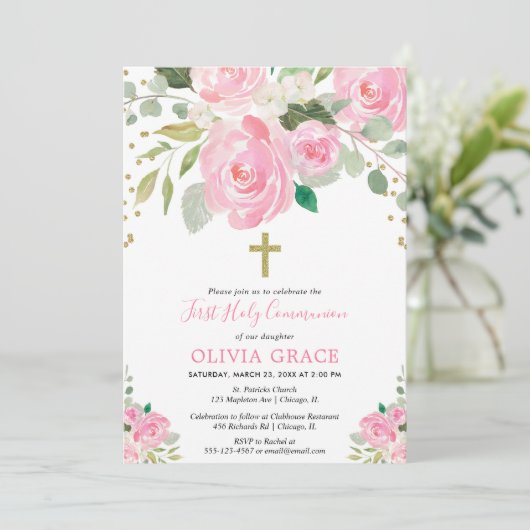 Erste heilige Kommunion Mädchen florale Aquarellfa Einladung (Stehend Vorderseite)