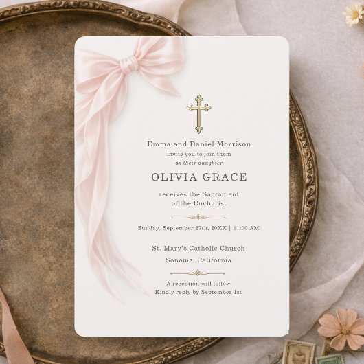 Erste heilige Kommunion Mädchen mit rosa Schleife Einladung