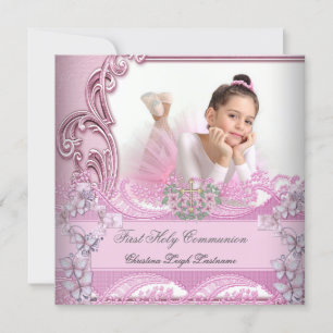 Erste heilige Kommunion Mädchen Rosa Foto Schmette Einladung