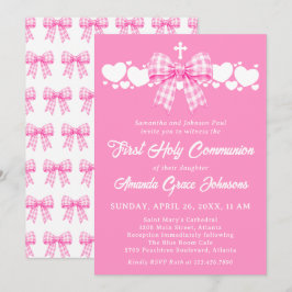 Erste heilige Kommunion Mädchen Rosa Gingham-Schle Einladung