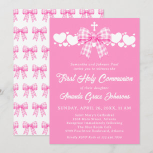 Erste heilige Kommunion Mädchen Rosa Gingham-Schle Einladung