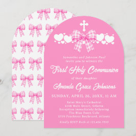 Erste heilige Kommunion Mädchen Rosa Gingham-Schle Einladung