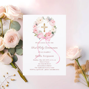 Erste heilige Kommunion mit rosa floraler Schleife Einladung