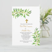 Erste Heilige Kommunion Moderne einfache Olive Zwe Einladung (Stehend Vorderseite)