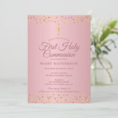Erste heilige Kommunion Moderne Rose Goldene Herze Einladung (Stehend Vorderseite)