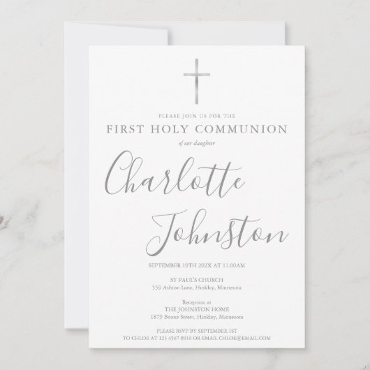Erste heilige Kommunion Moderne Silbersignatur Einladung (Vorderseite)