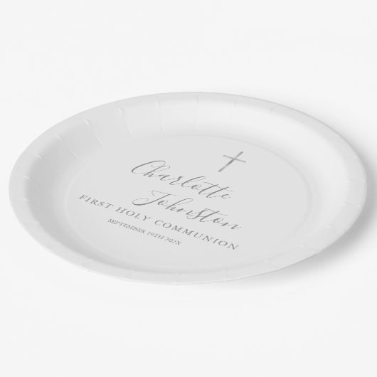 Erste heilige Kommunion Moderne Silberskripte Pappteller (Schrägansicht)