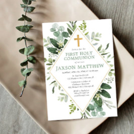 Erste Heilige Kommunion Moderner Eukalyptus einfac Einladung